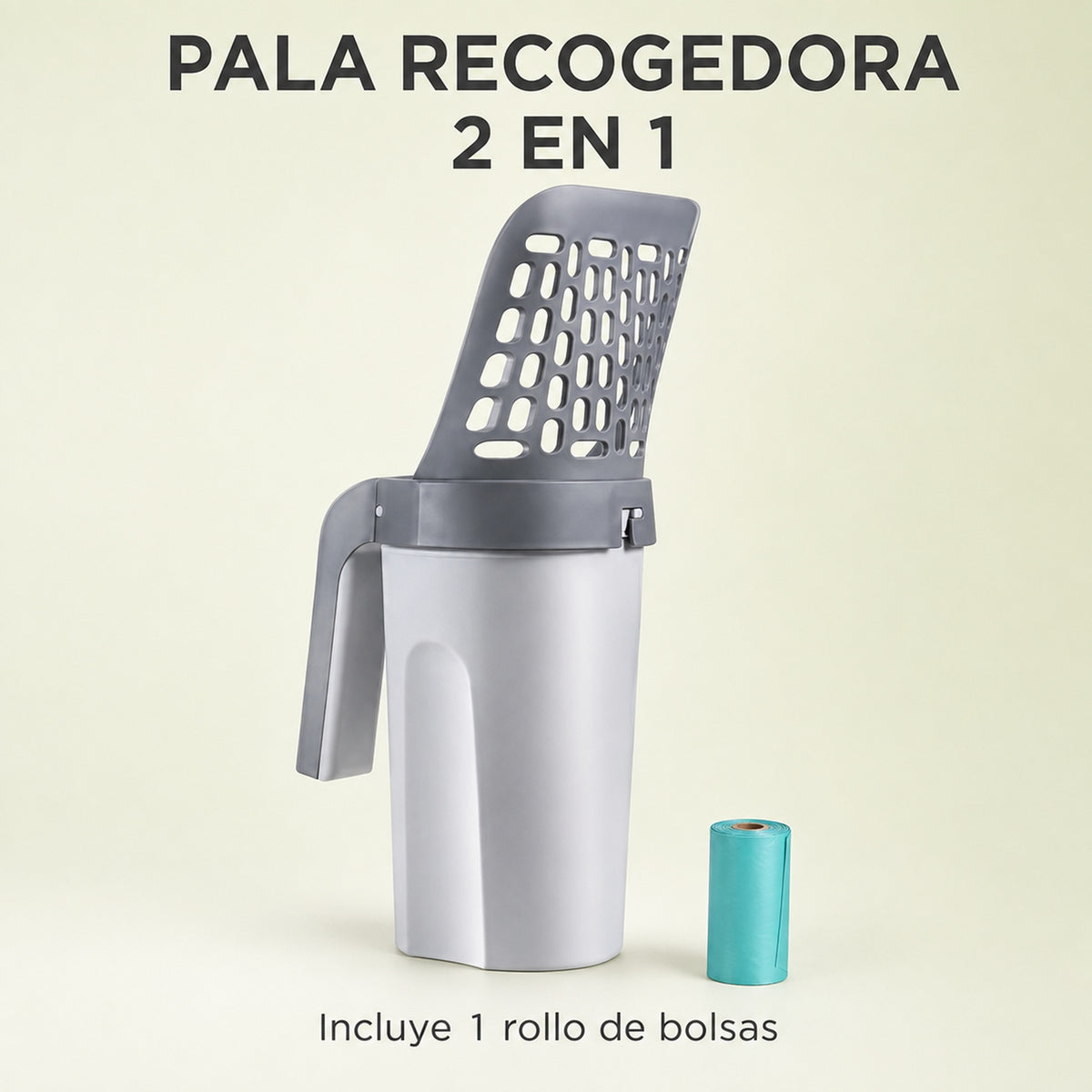 Pala Recogedor 2 en 1 para Arenero de Gatos — Con Dispensador de Bolsas